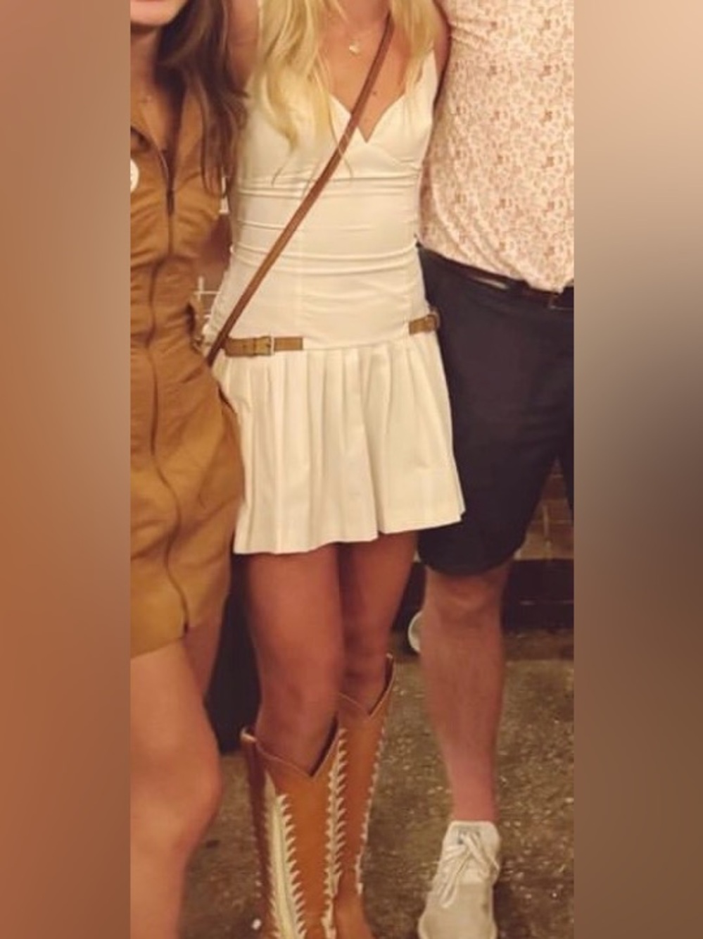 White Pleated Mini Skirt Dress Belt Detail